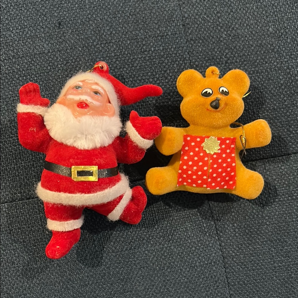 Vintage Santa and Bear felt flocked Christmas ornaments